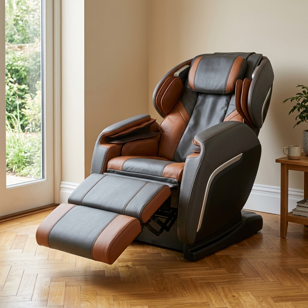 Ergonomic massage chair with extended motorized legrest in a sunlit home corner