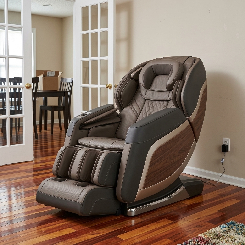 Flagship 4D massage chair with walnut side panels and quilted leather in a sunlit living room