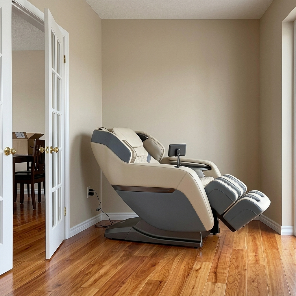 Zero-wall space-saving massage chair reclined near an apartment doorway and rear wall