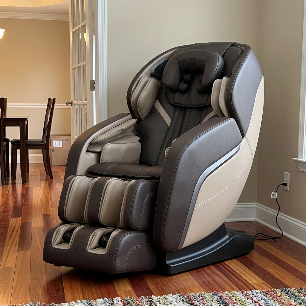 Studio view of an SL-track therapeutic massage chair showing exposed cervical rollers and plantar foot rollers